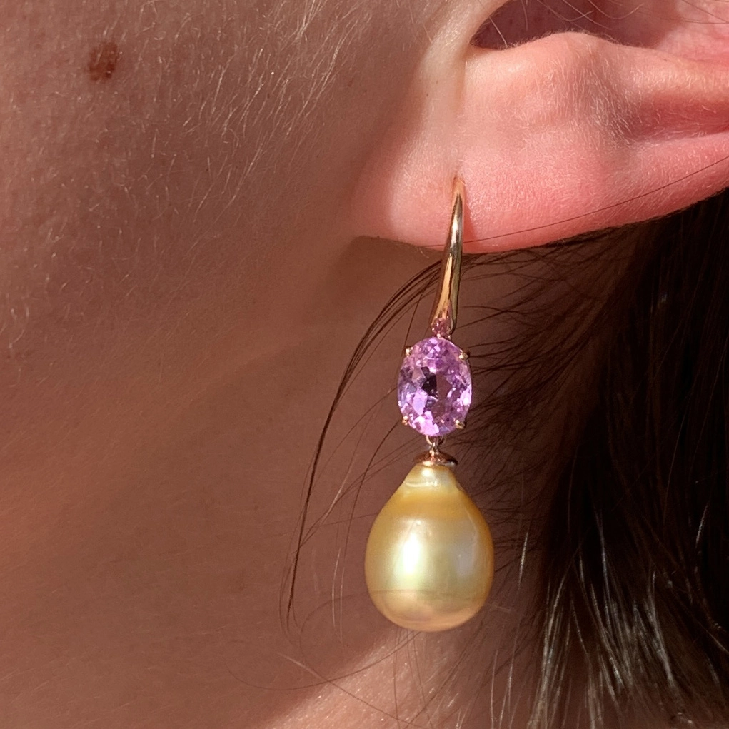 Kunzit Südsee Zuchtperl Ohrhänger AAA Lüster top 750er Rosegold ... es weht ein Frühlingsduft