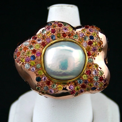 Saphir-Mabeperl-Ring, Silber/vergoldet