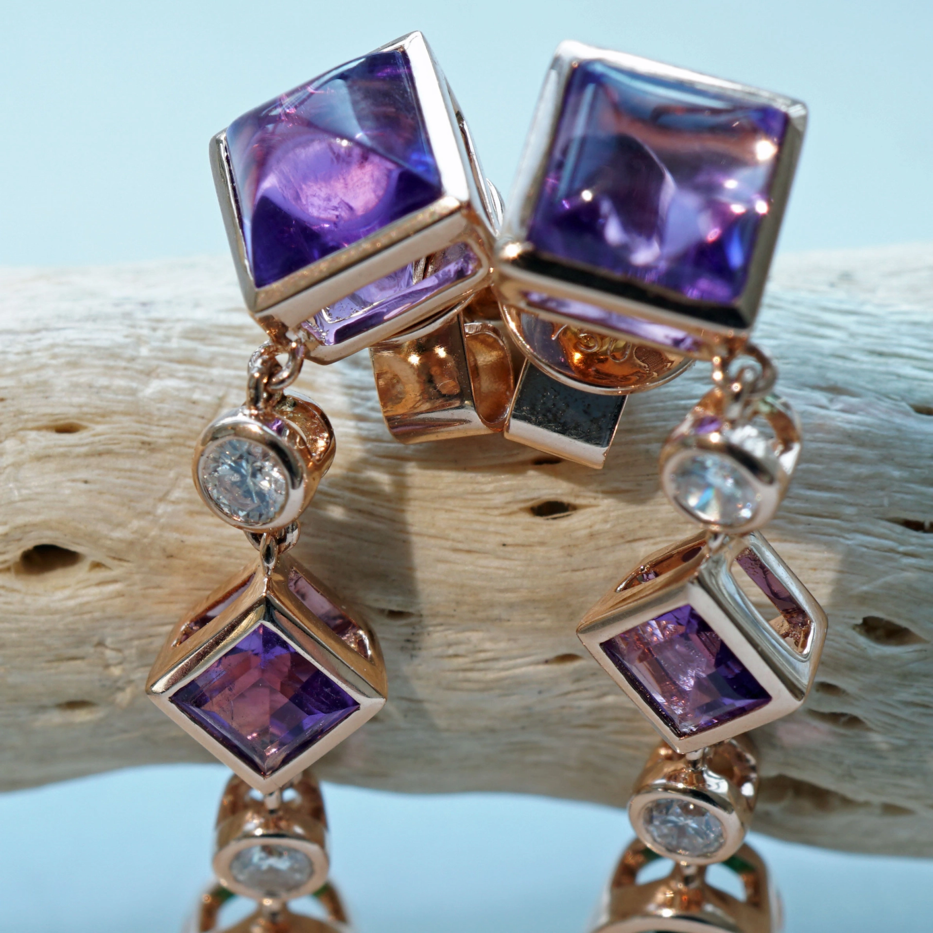 Amethyst Diopsid Diamonds Earrings 18 kt Rosegold...Dragonia