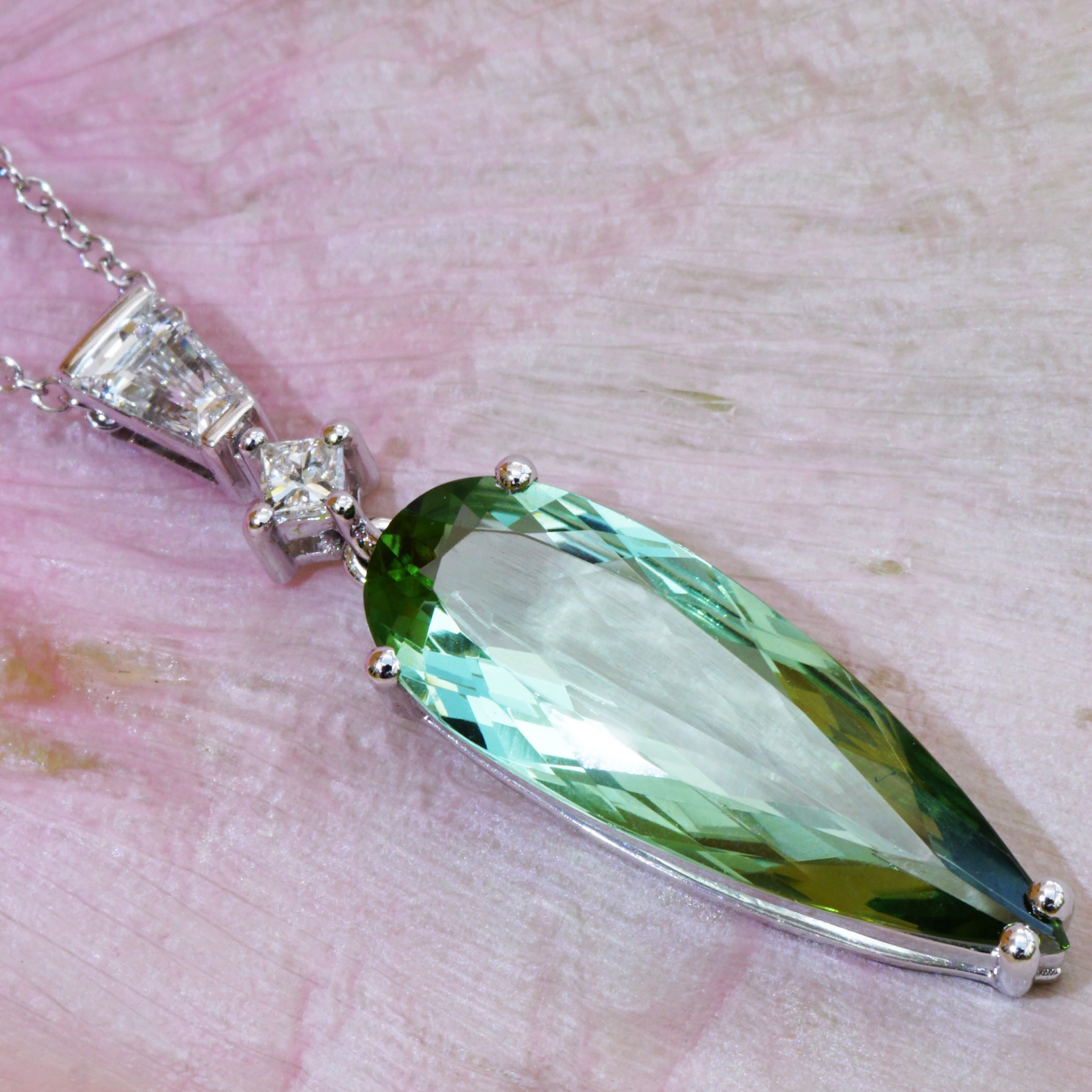 Tourmaline Seamfoam Green Diamond Necklace Rare Mint Color 18 kt White Gold