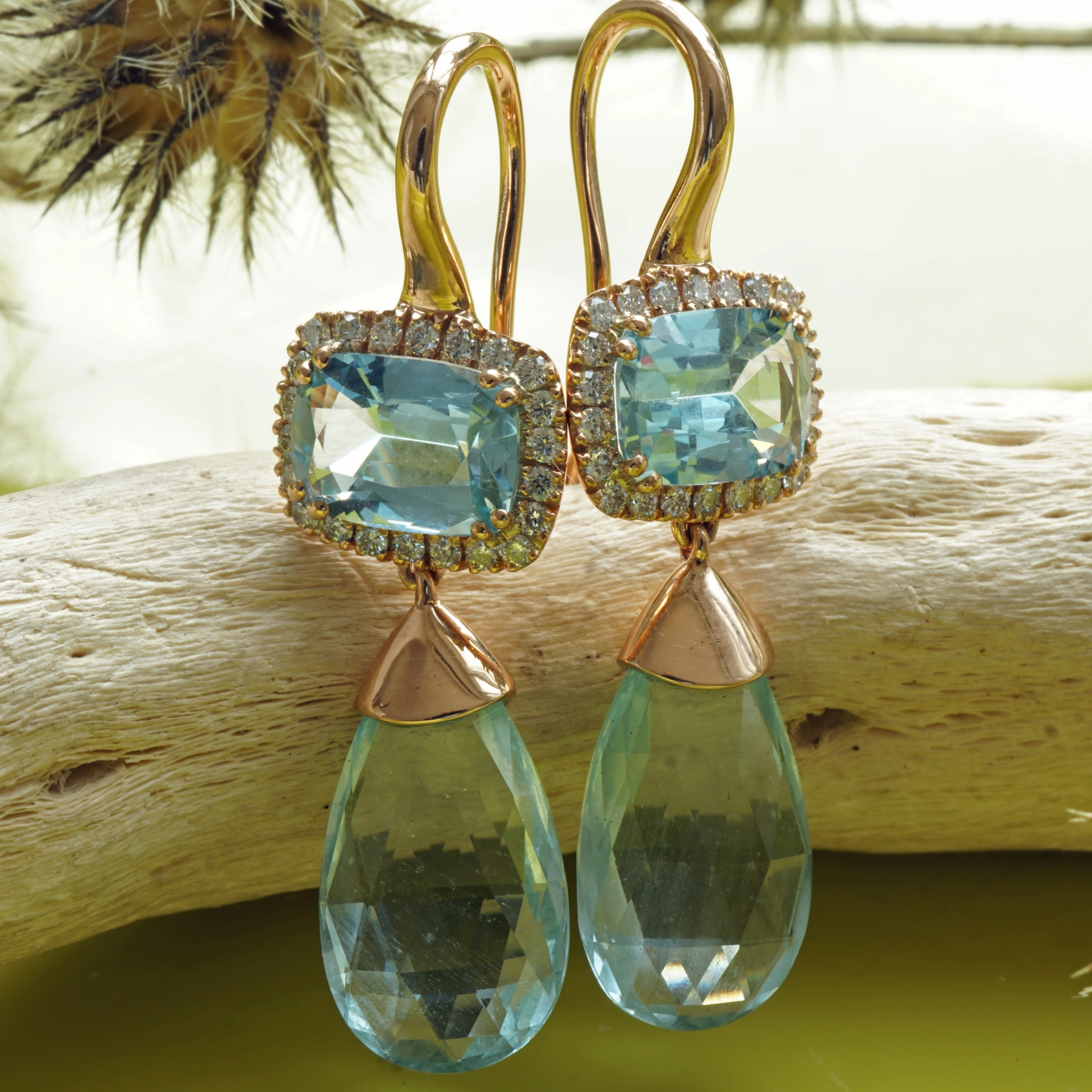 Aquamarin Brillant Ohrhänger 750er Rosegold 7.84 ct designed in Valenza