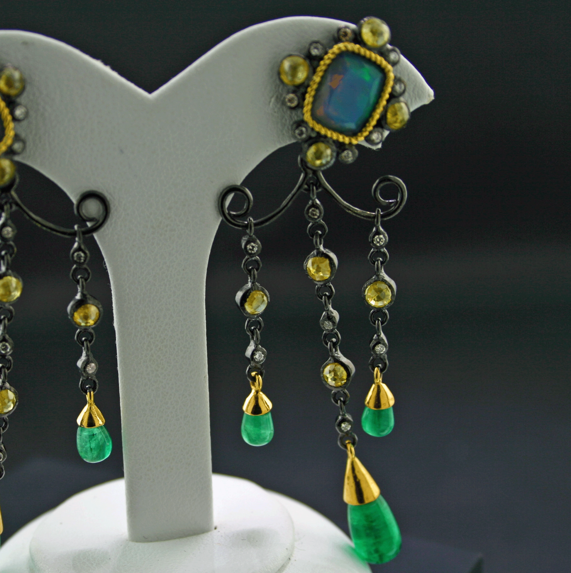 Emerald Opal Diamond Earrings Gold Silver Chandelier Shape....a feast for the Eyes