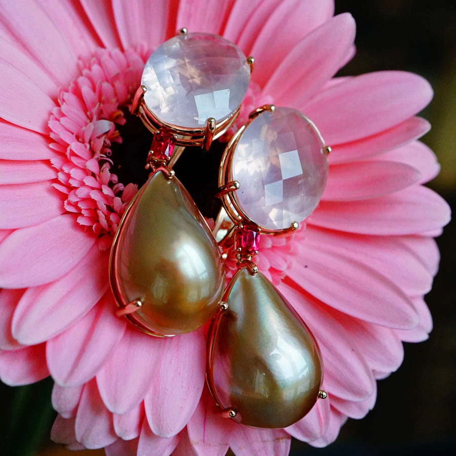 Rosenquarz Spinell Mabeperl Ohrhänger 750er Rosegold
