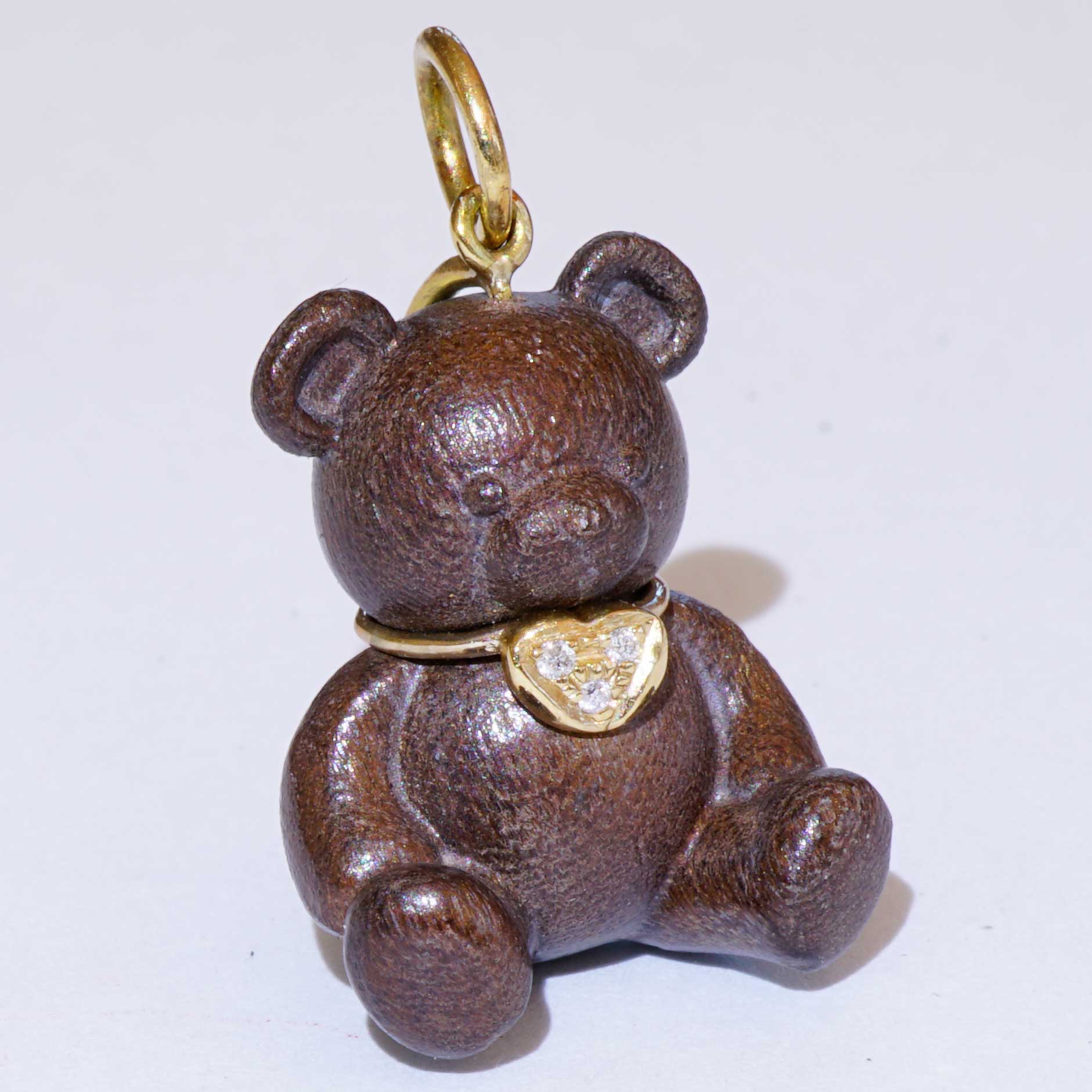 Brilliant Teddy Bear Heart Pendant...so cute...18 kt Yellow Gold...precious Wood