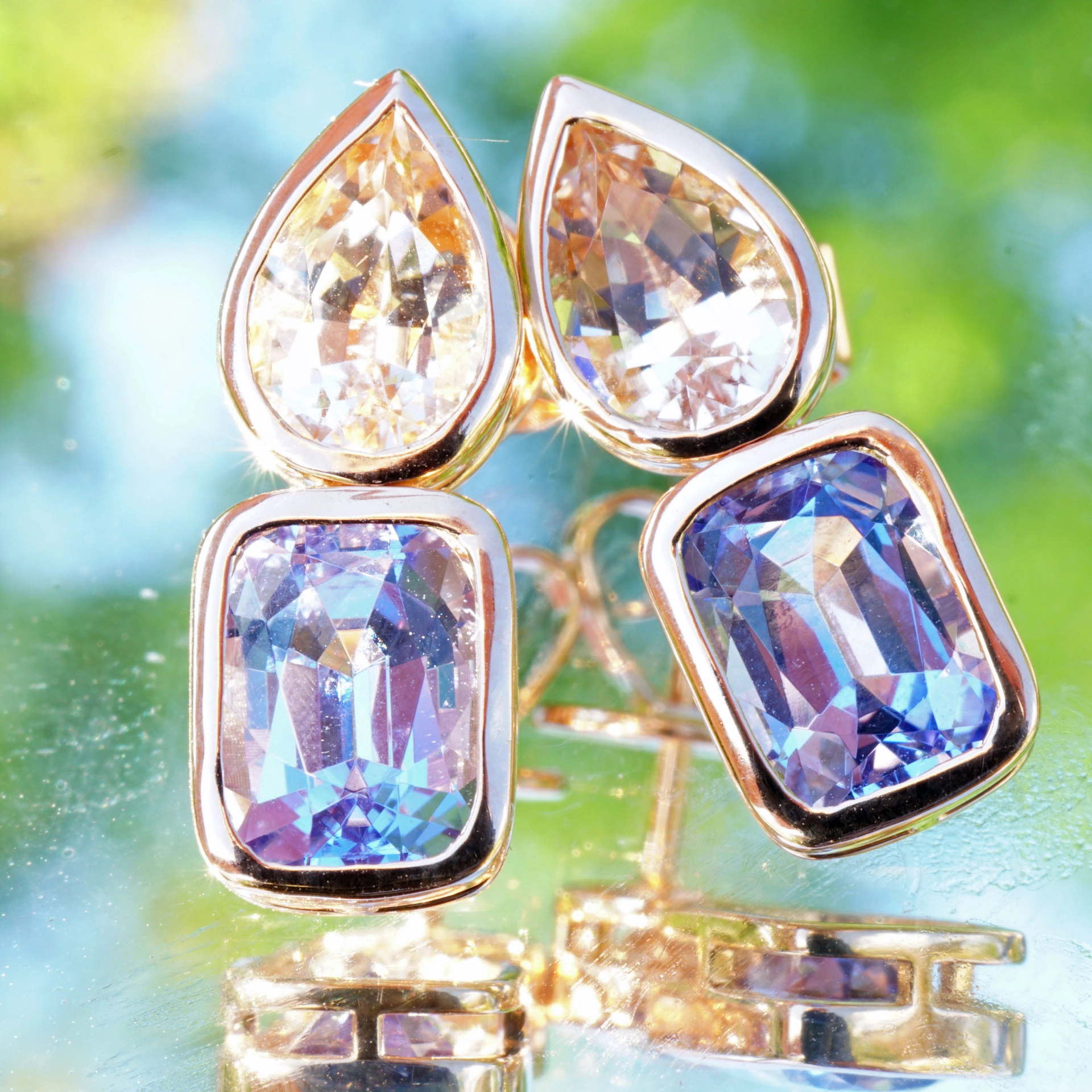 Madagascar meets Tanzania....here we combinated morganite and tansanite, not often seen