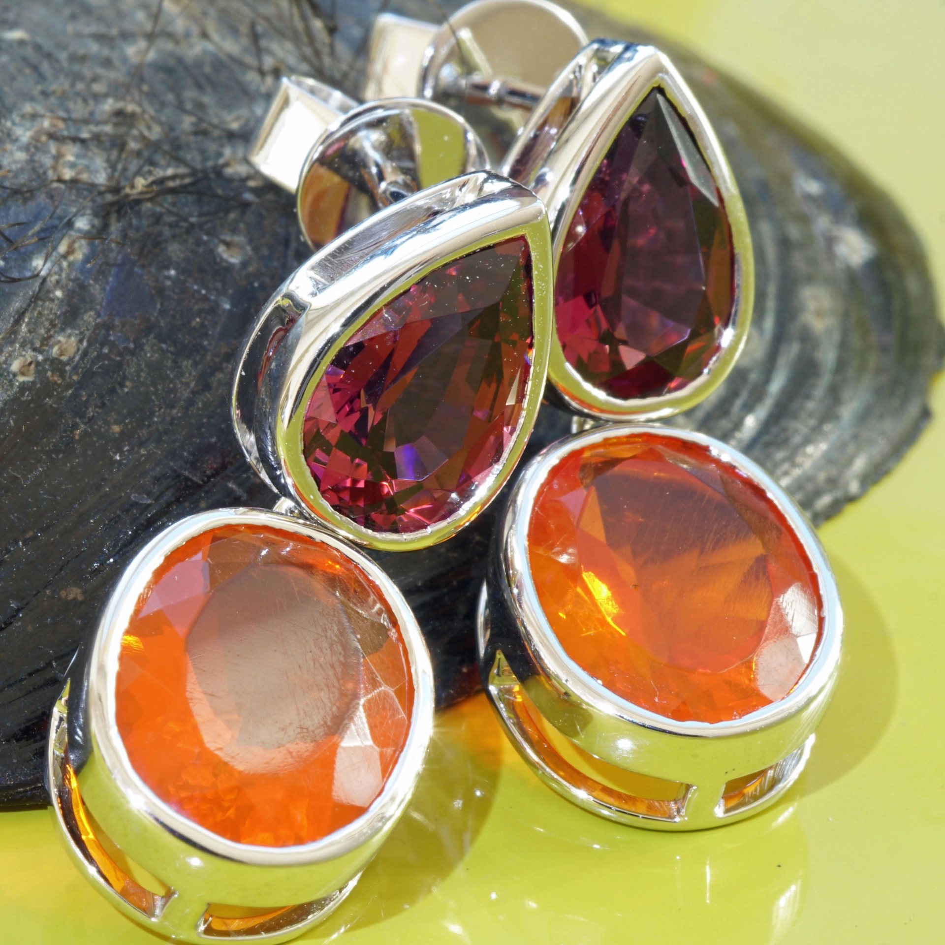 Crazy Colors combinated.....Fireopal and Rhodolith Earrings