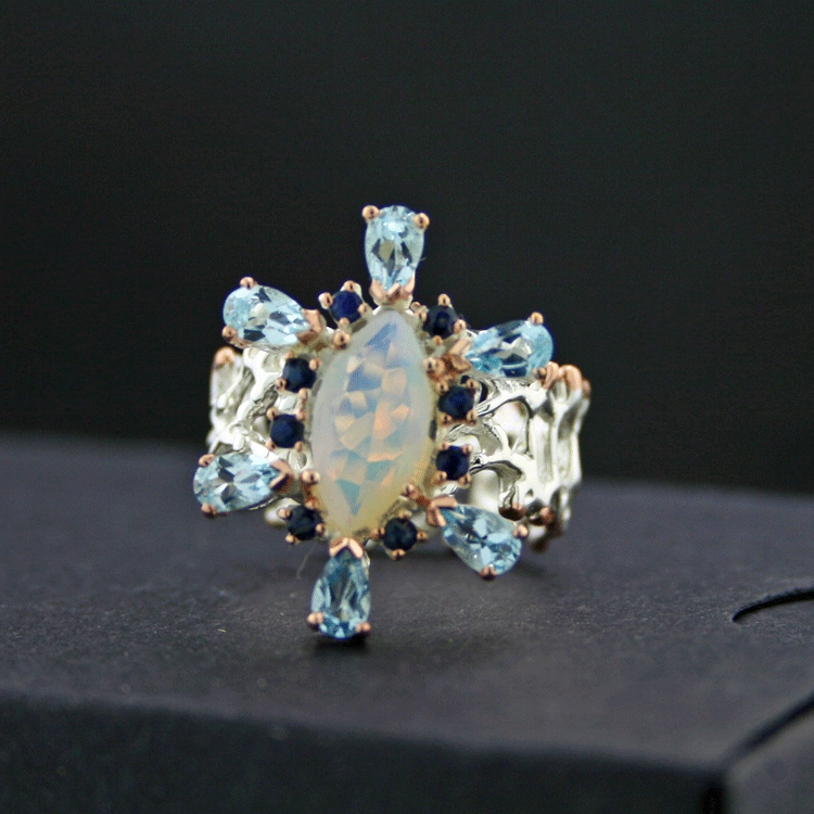Opal-Saphir-Topas-Ring, 925/-Silber