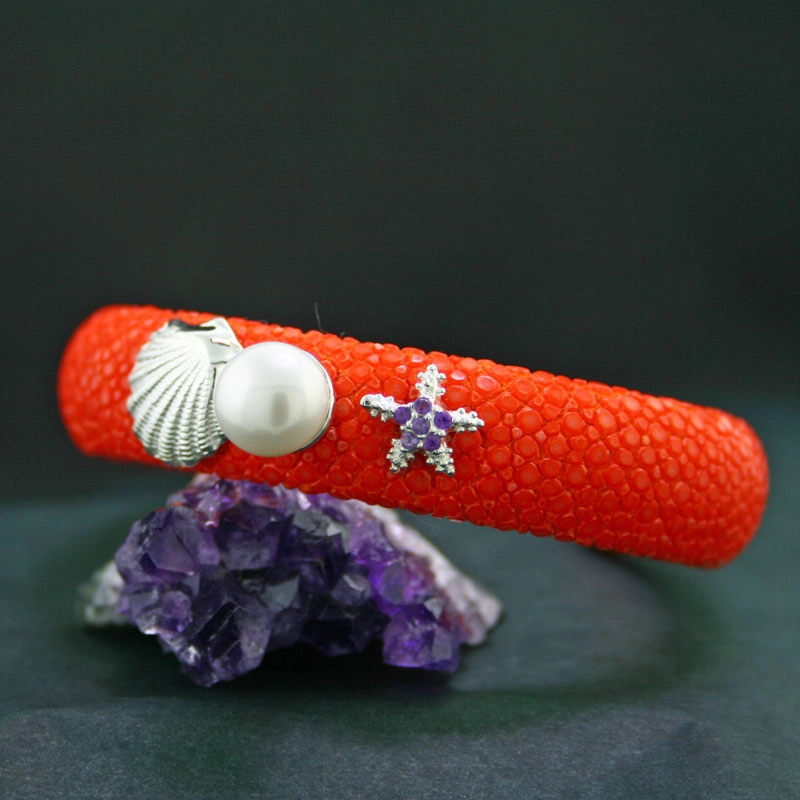 Zuchtperl-Amethyst-Rochenleder-Armreif, 925/-Silber