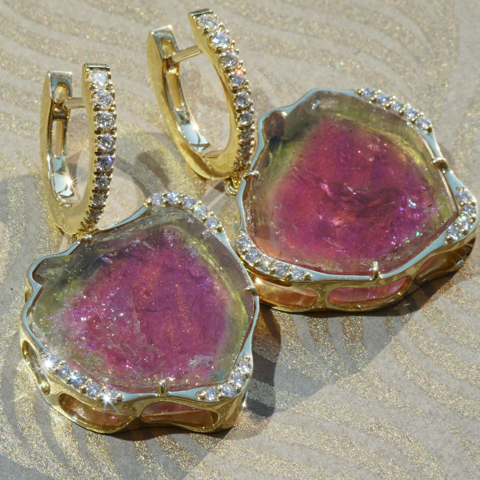 Watermelon Tourmaline Brilliant Earrings 32 ct 750 Yellow Gold