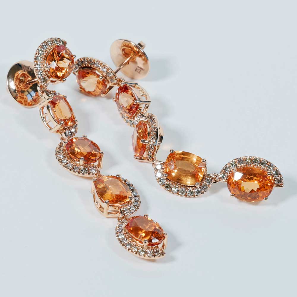 Rare Mandarin Garnet Brilliant Chandelier Dangle Earrings 750 Rose Gold 14.85 ct 0.76 ct Exceptional Color Orange