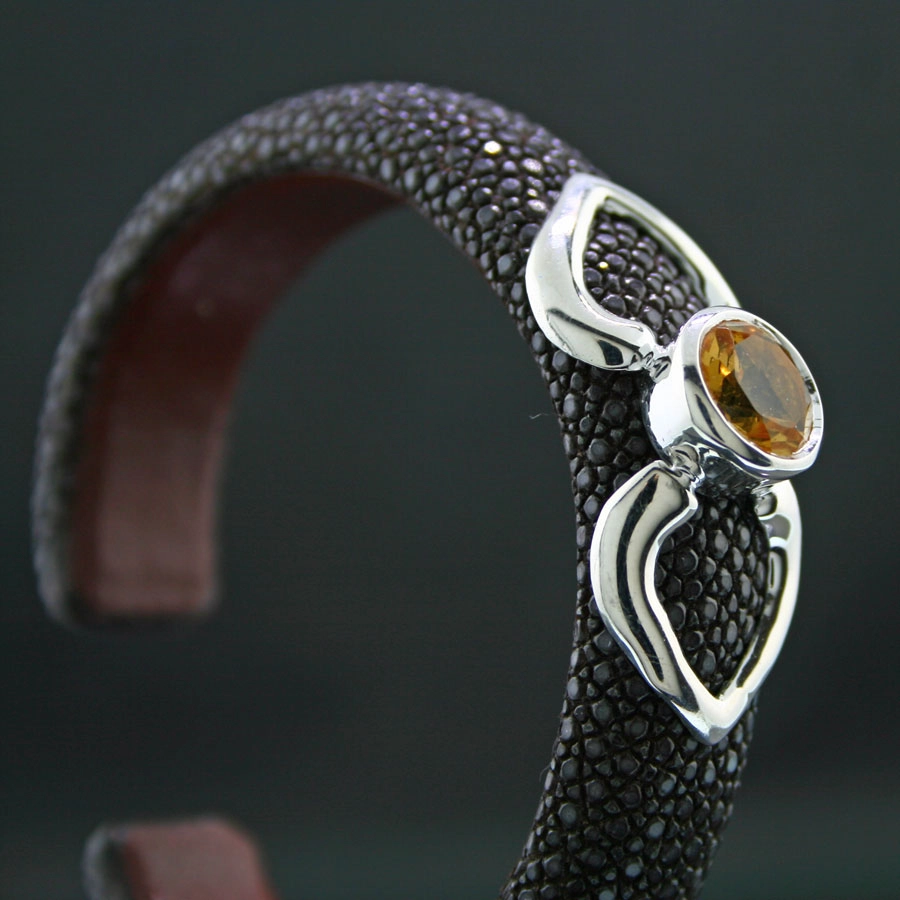 Citrin-Rochenleder-Armreif, 925/-Silber