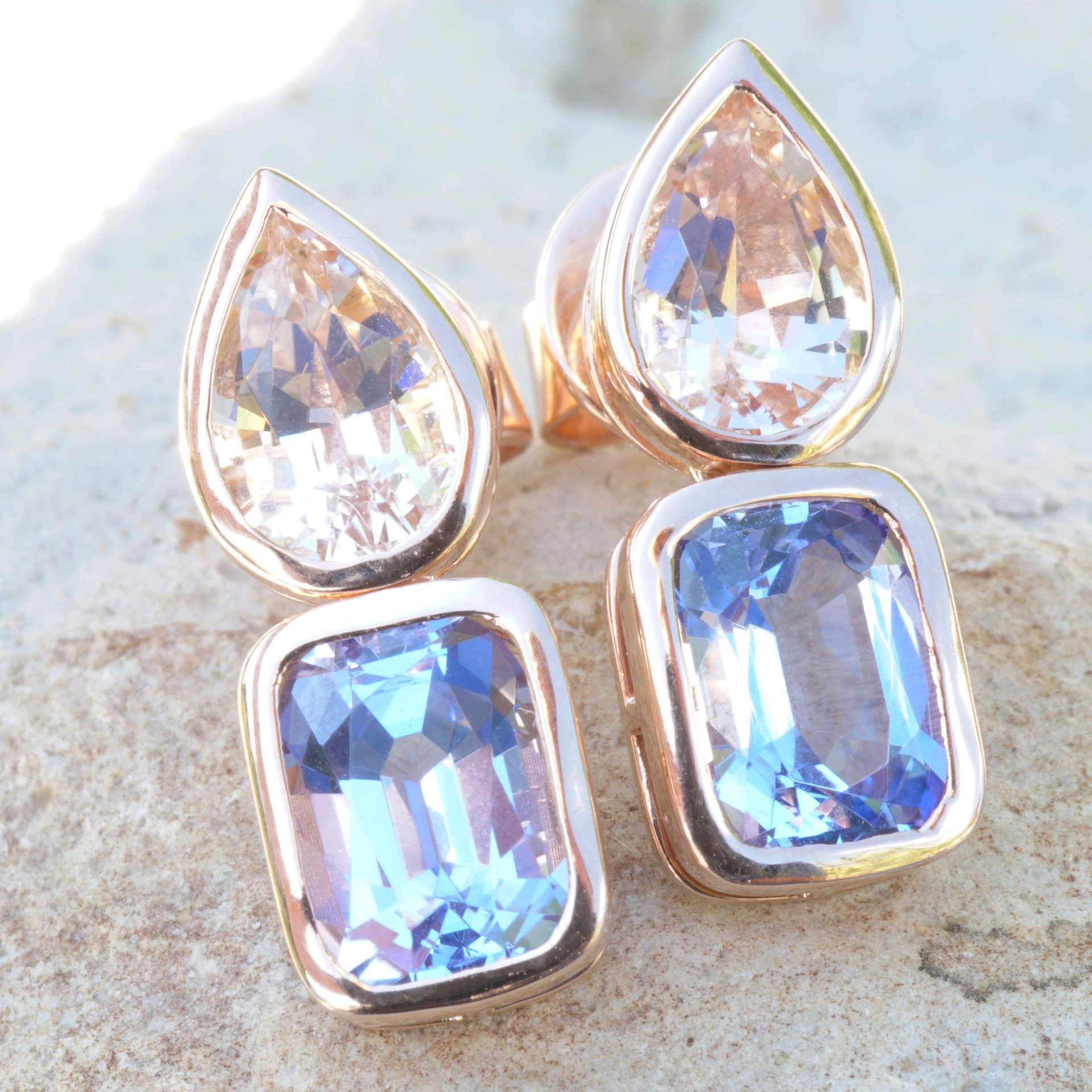 Madagascar meets Tanzania....here we combinated morganite and tansanite, not often seen