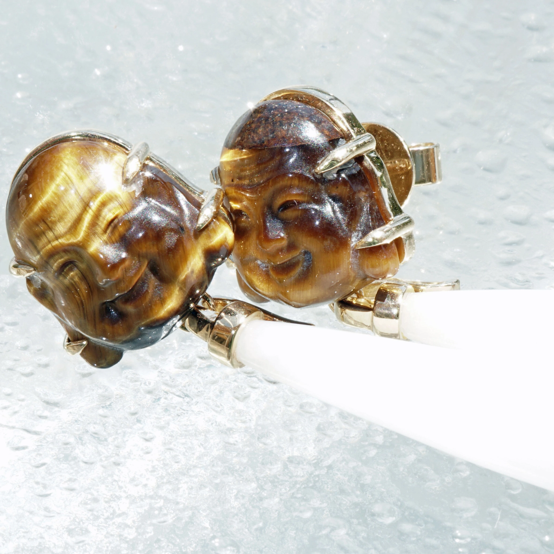 Cacholong Tiger Eye Buddha Head Earrings 18 kt Yellow Gold...makes happy