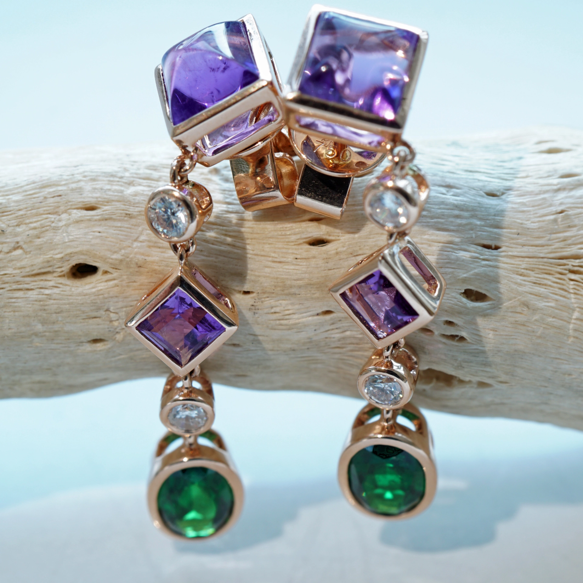 Amethyst Diopsid Diamonds Earrings 18 kt Rosegold...Dragonia