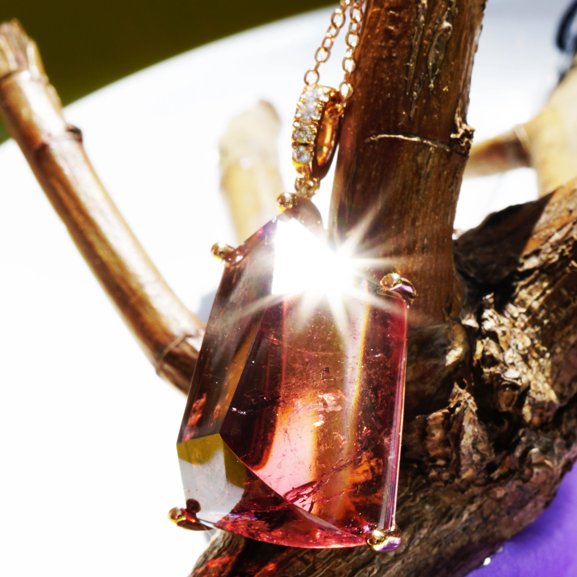 Turmalin Brillant Anhänger mit Brillant Kette in 750er Rosegold designed in Valenza mit Zert