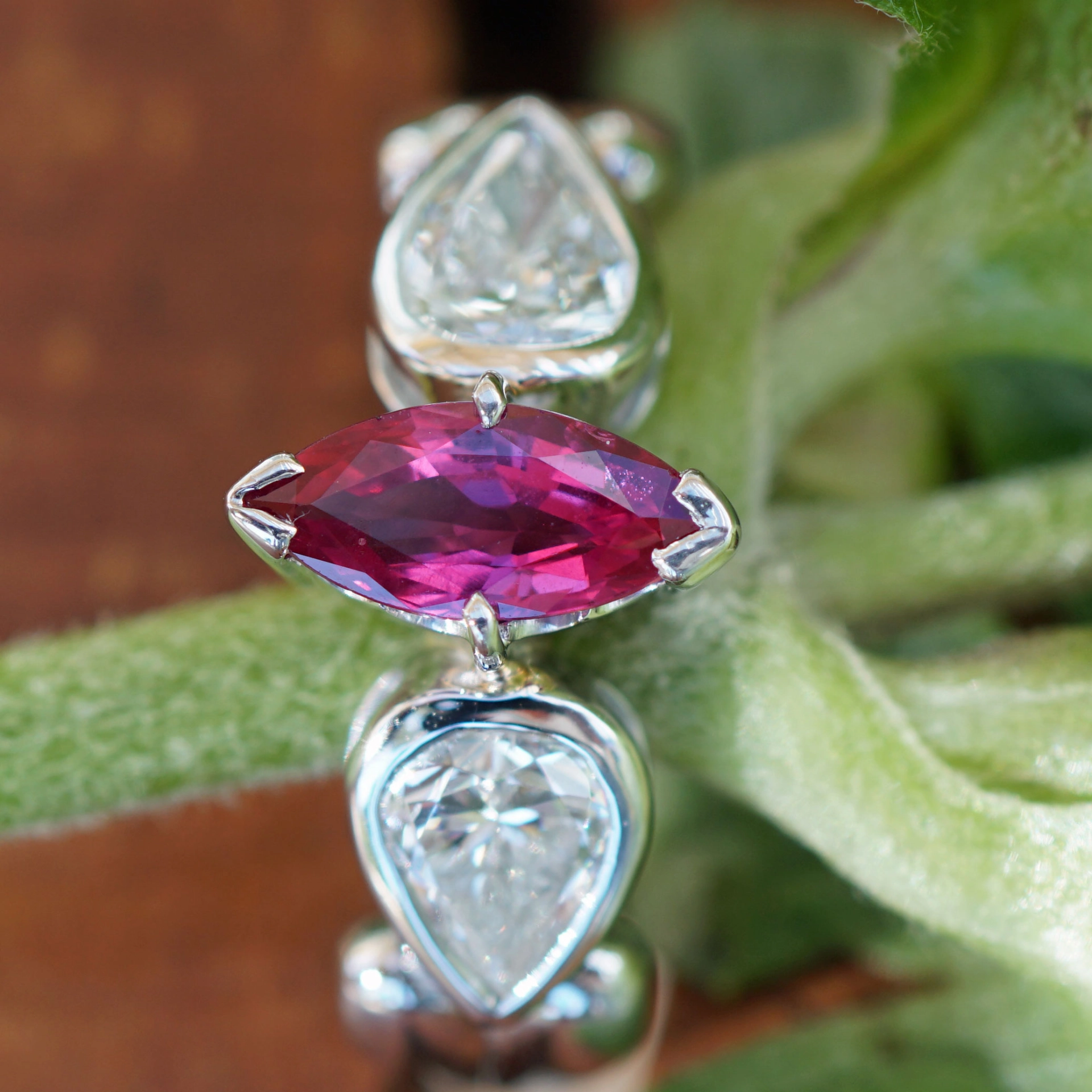 Ruby Brilliant Drop Ring in 900 Platinum AAA 0.96 ct 2x 0.465 ct W flawless