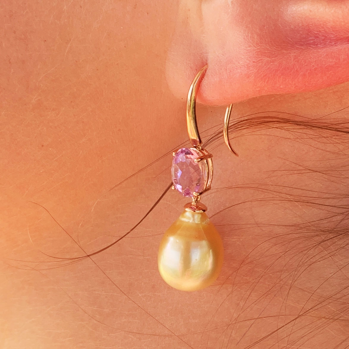 Kunzit Südsee Zuchtperl Ohrhänger AAA Lüster top 750er Rosegold ... es weht ein Frühlingsduft