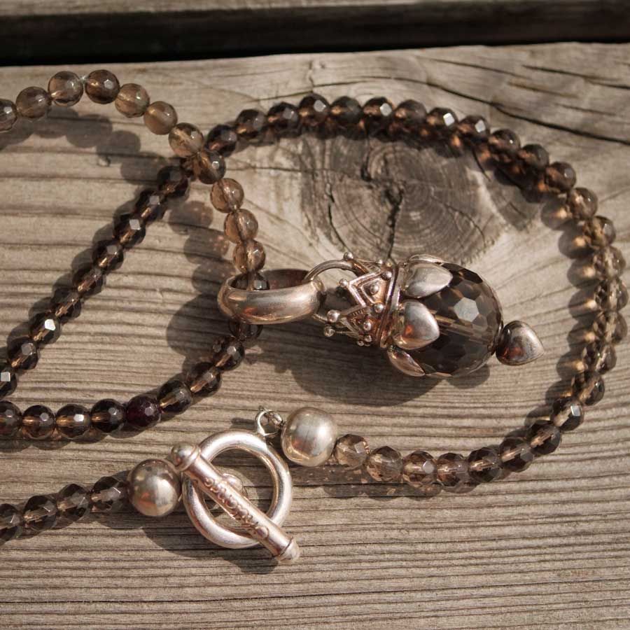 Chilango Smoky Quartz Necklace in 100 cm Length with Great Crown Smoky Quartz Pendant 925 Silver