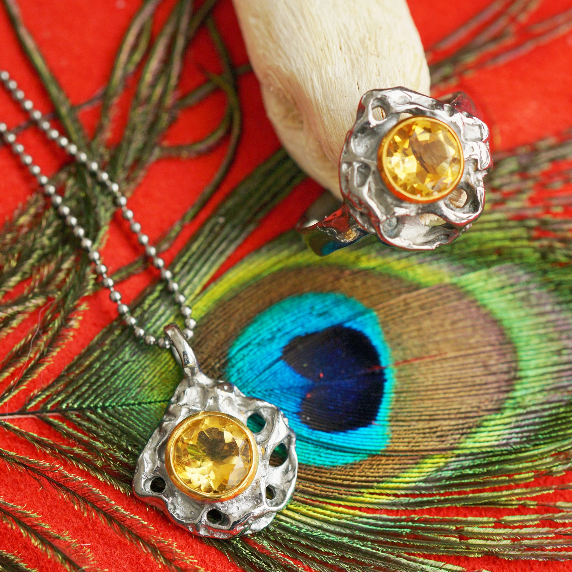 Set:Citrine Pendant and Ring, 925 Silver, Handmade