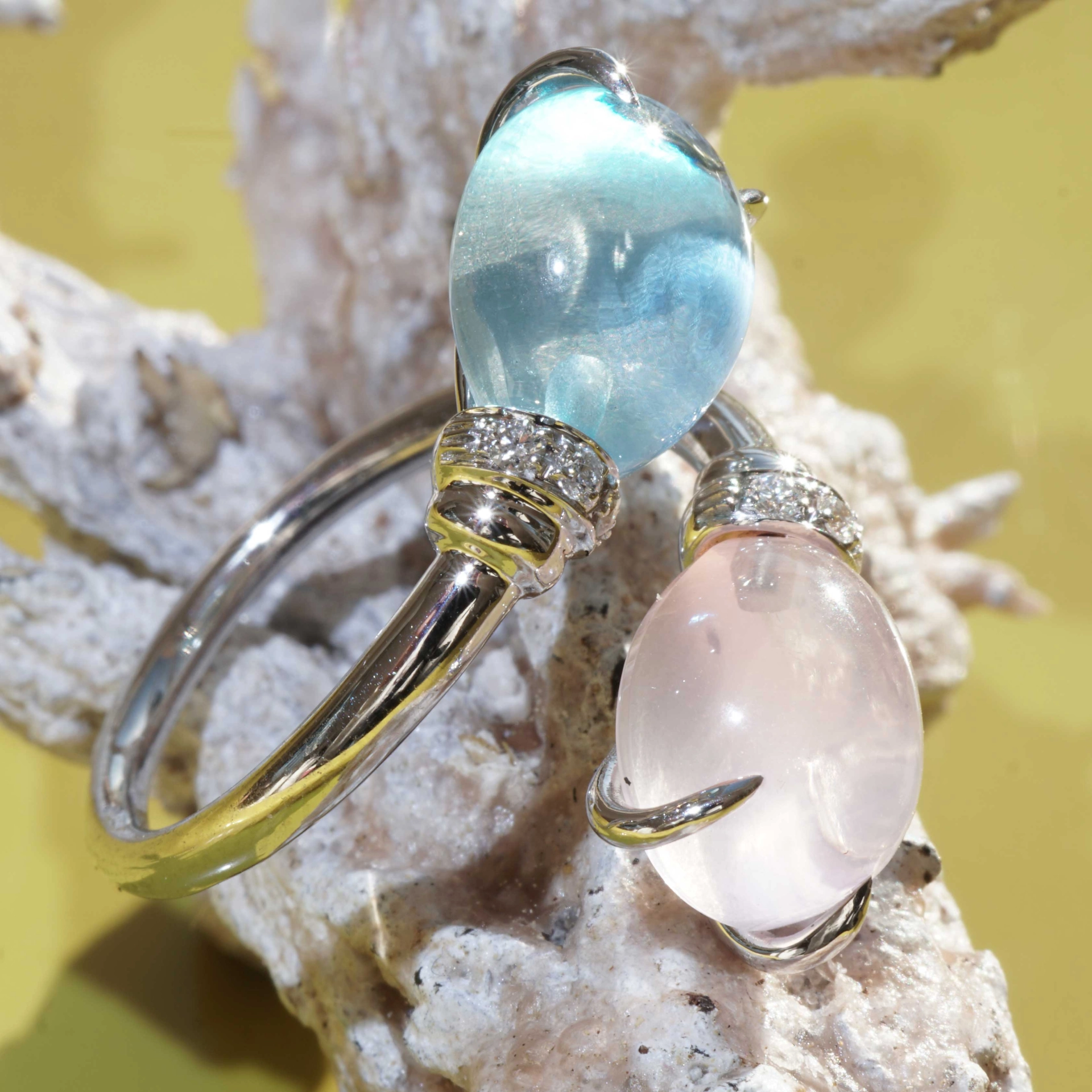 Drop Ring..soo sweet...with Blue Topaz and Rose Quartz..made in Italy