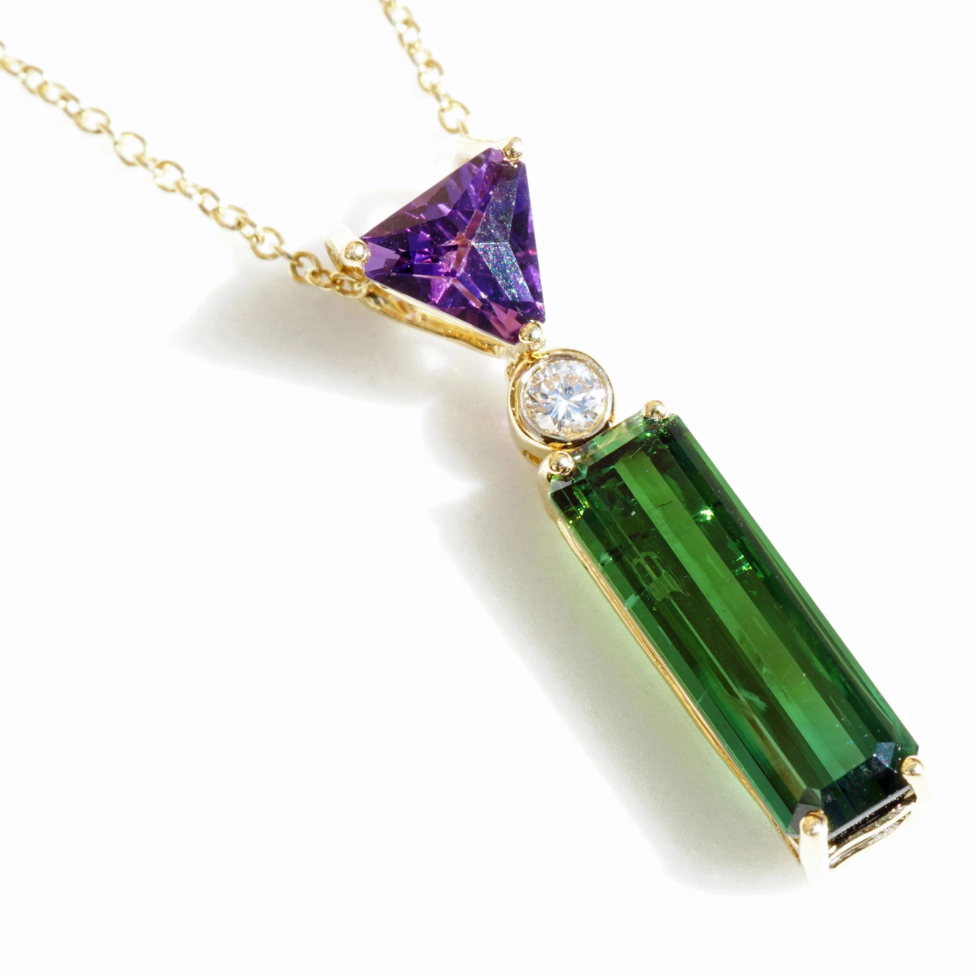 Turmalin Diamant Amethyst Anhänger 2.08 0.41 0.05 ct AAA 750er Gelbgold ...coole Farbenkombination