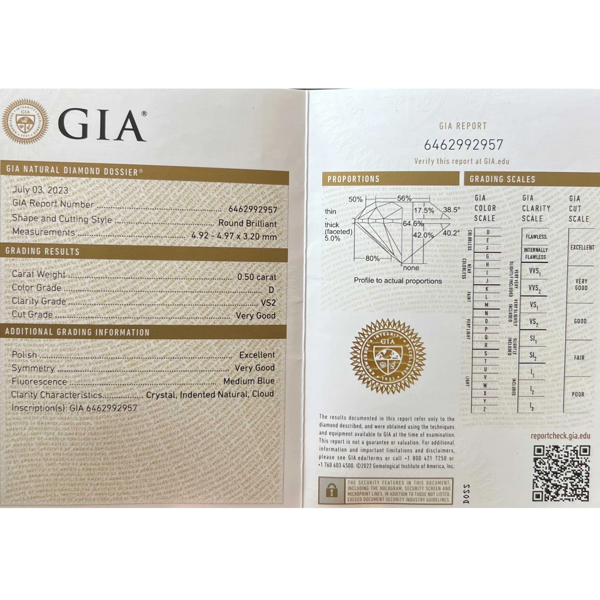 Round full cut brilliant Ring 0.50 ct D (very fine white) / VS2 (very small inclusions) with GIA report 18 kt Gold