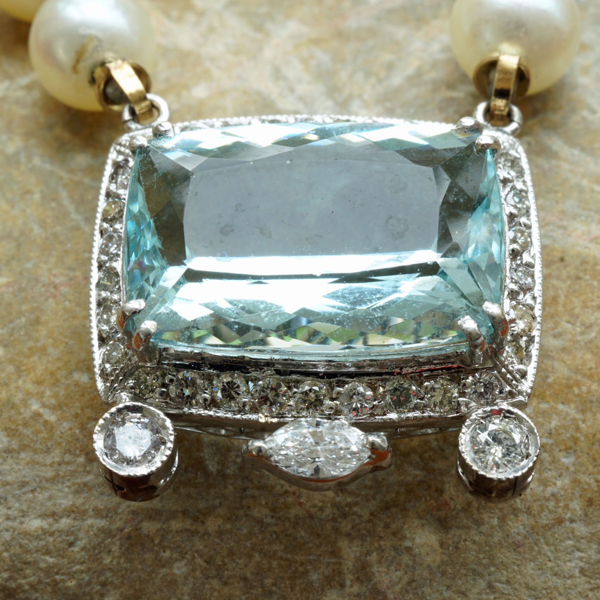 Topaz Brilliant Diamond Navette Necklace 750 White Gold fine Akoya pearls...festive