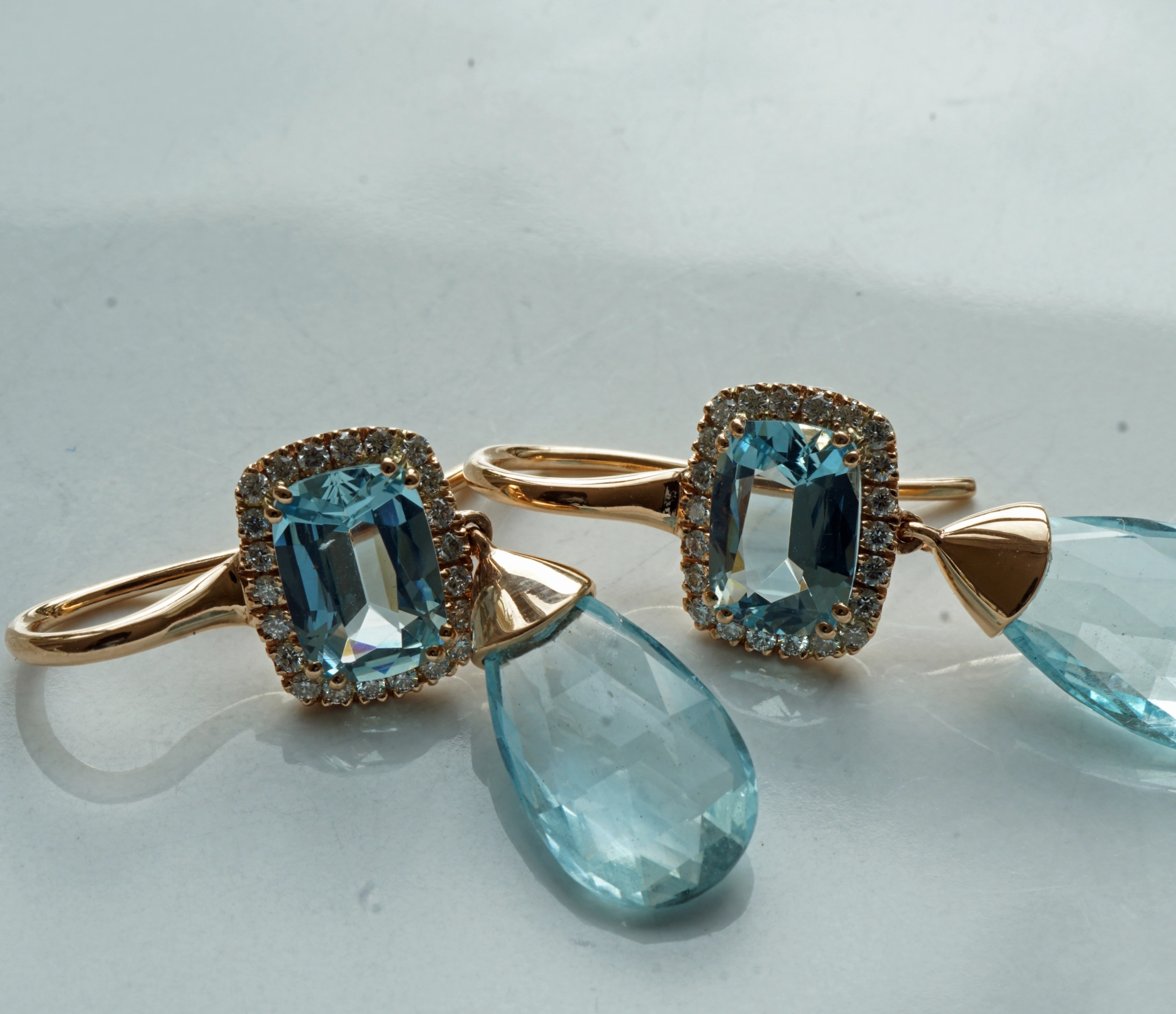 Aquamarin Brillant Ohrhänger 750er Rosegold 7.84 ct designed in Valenza