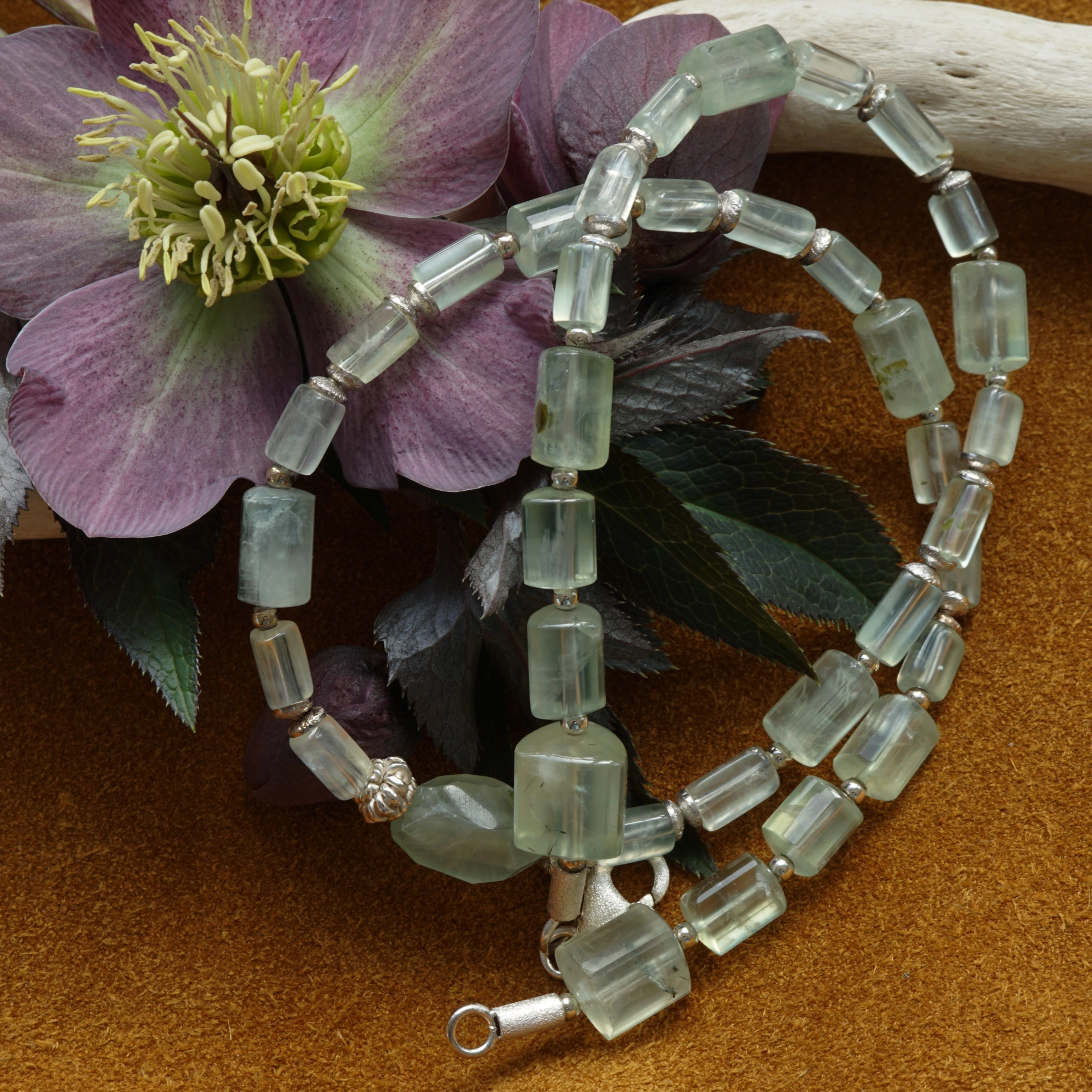 Gemstone Necklace with running Prehnites in different Color Nuances