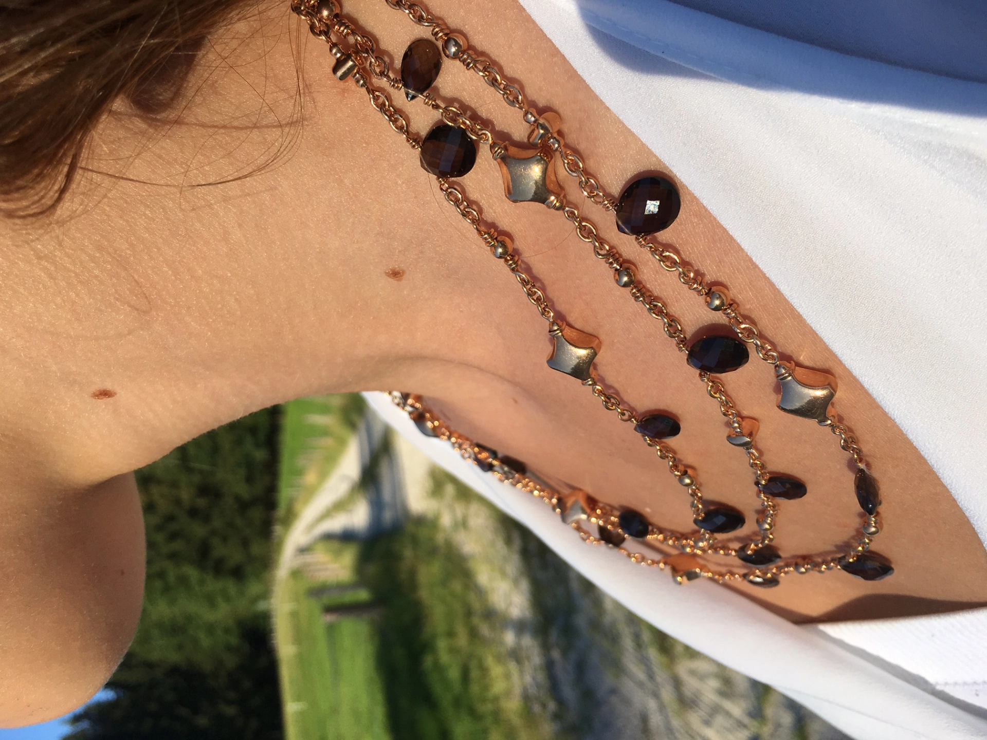 Original Chilango Kette Smoky Quarz dreireihig 54 cm 925er Silber rosegold plated