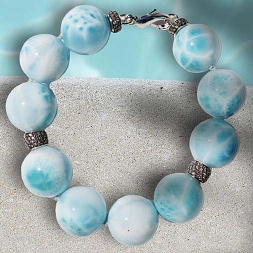 Larimar Ball Bracelet 18 kt Whitegold with grey Diamonds..cloudy Beauty..Highest Quality