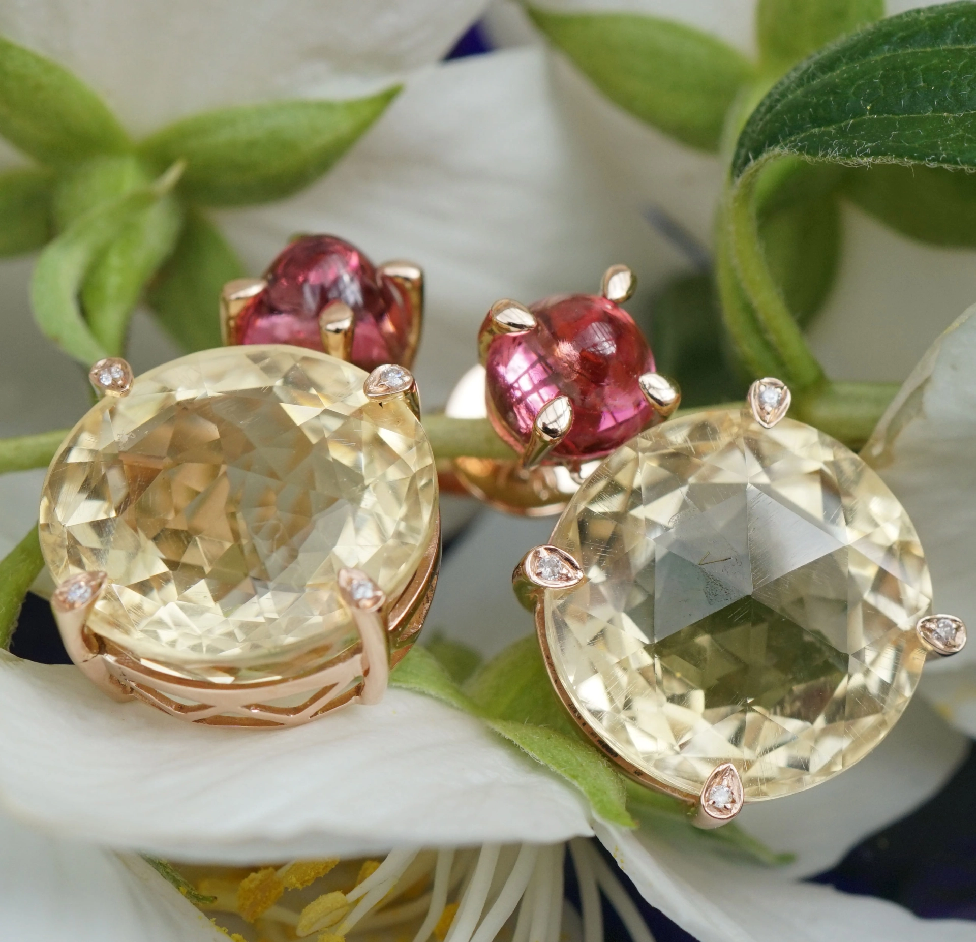 Citrine Tourmaline Ear Studs 18 Gold 20 carat