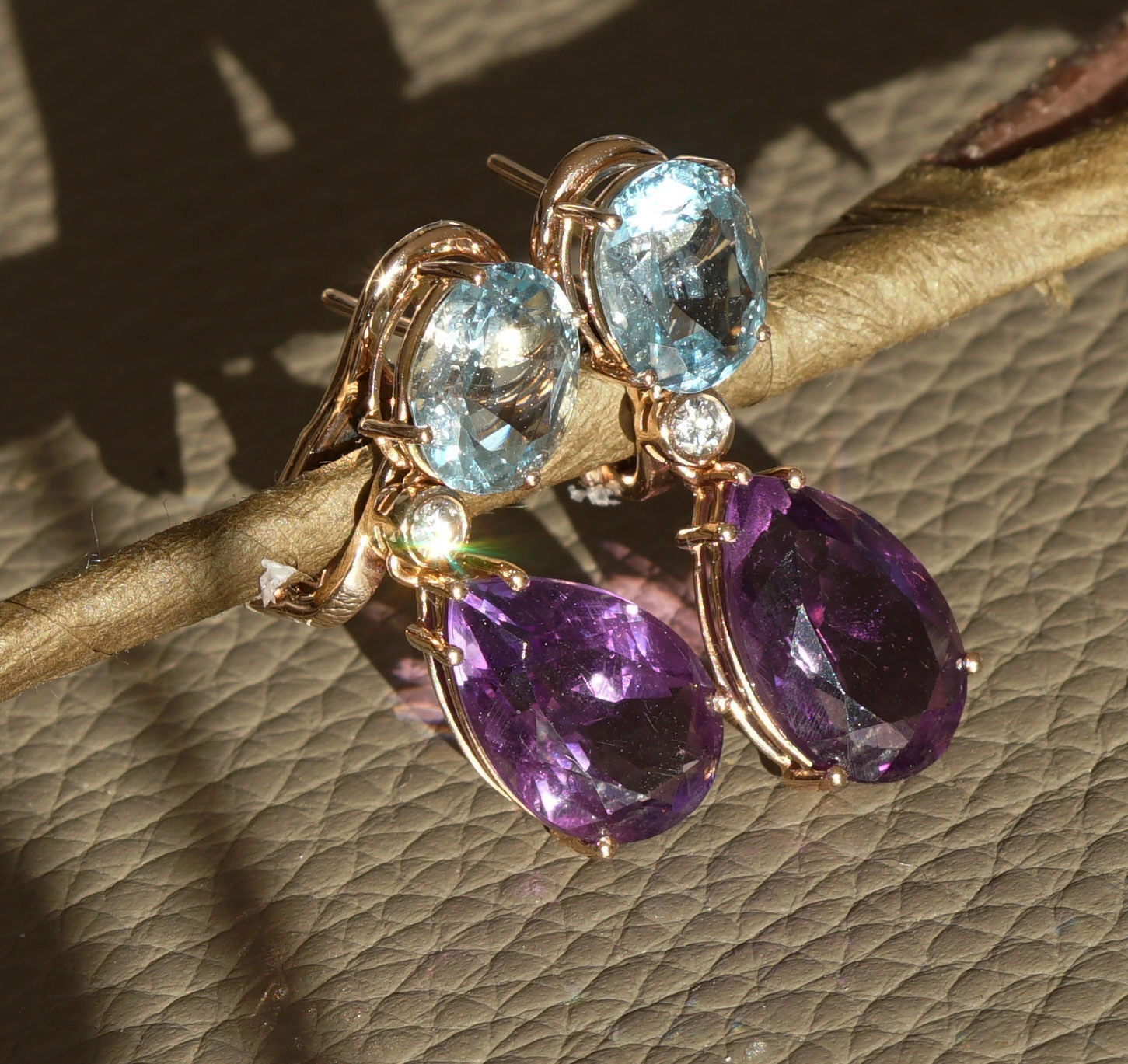 Aquamarin Amethyst Diamond Earrings 18kt Rosegold...Great Quality