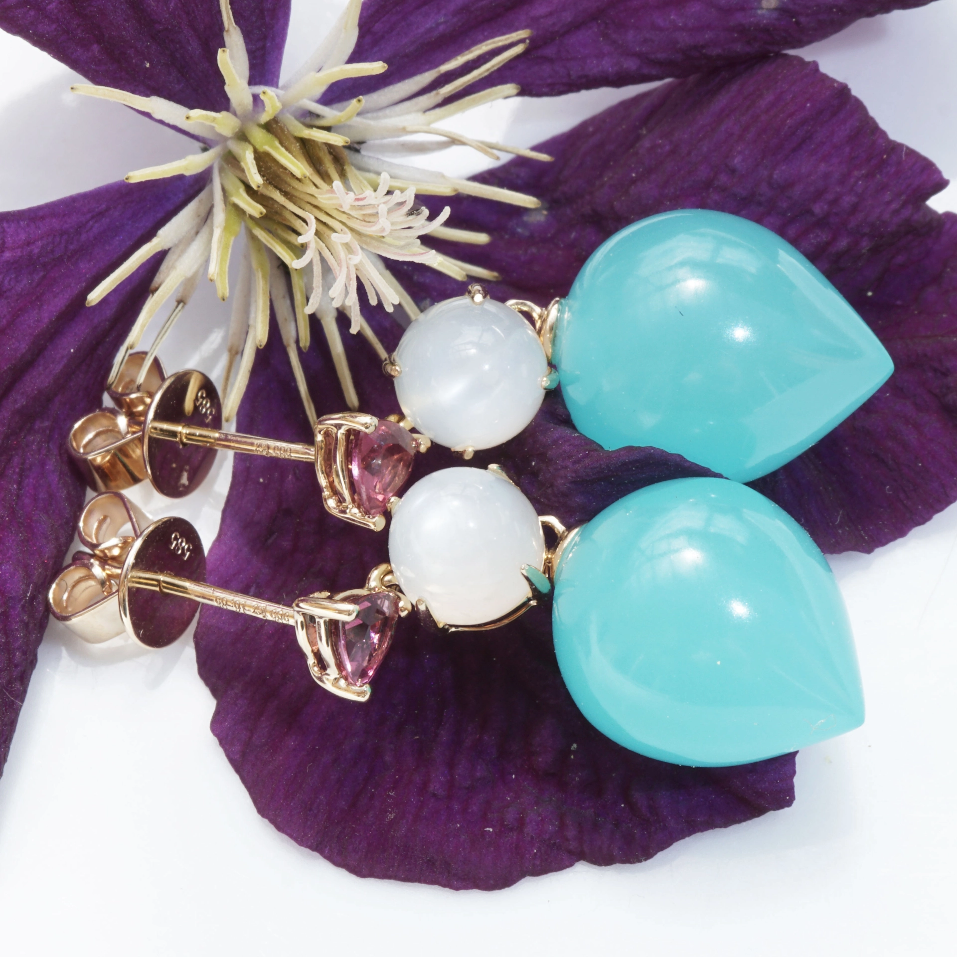 Beautiful Paraiba Blue Calzedon Rhodolite Moonstone Earrings 14 kt Yellow Gold