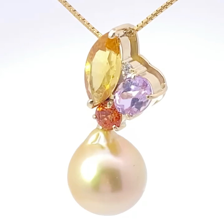 South Sea Pearl Gemstone Brilliant Pendant with Chain 750 Yellow Gold... Multi Paradise Colors