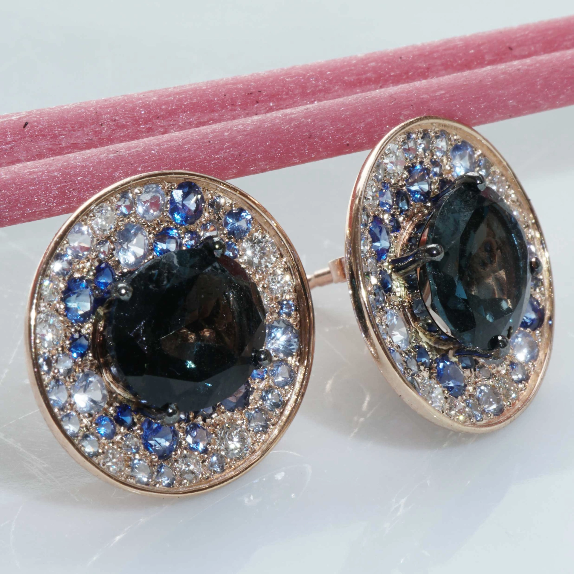 Power of Magic..Rosegold Earstuds in Mystic Blue Colors with Saphire and Diamonds