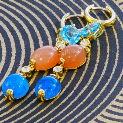 Neon blue paraibacolored Apatite Topaz and Moonstone Earrings 18 kt Jewellery 