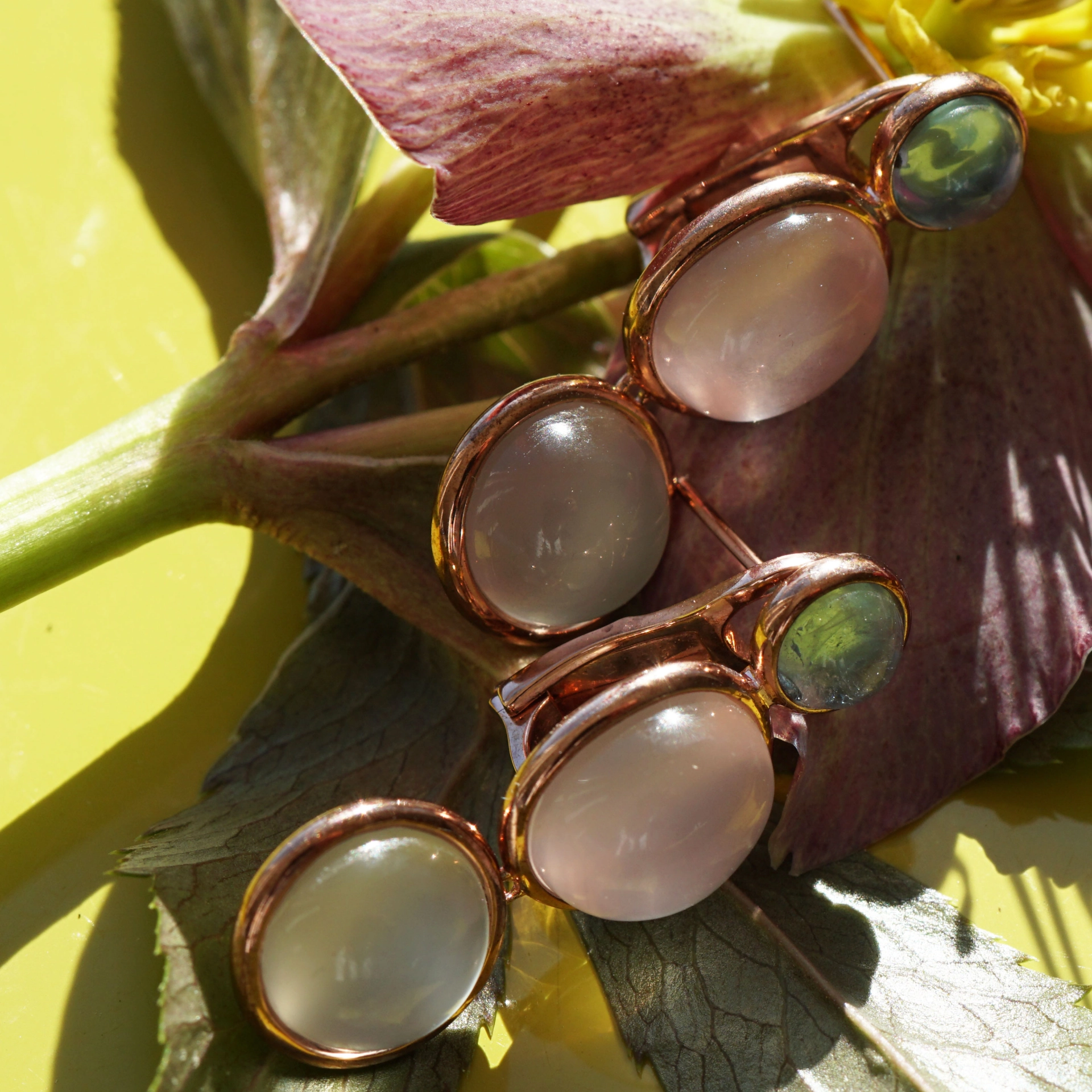 Ohrhänger in 750er Rosegold Mondstein Rosenquarz Aquamarin Fashionfarben