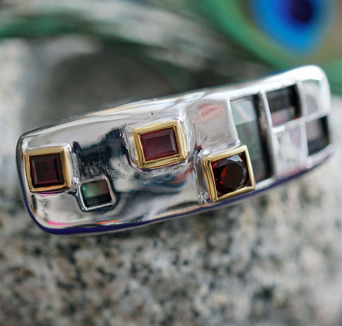 PERLMUT GRANAT Ring MODERNART Silber vergoldet ausgefallenes Schachbrettdesign