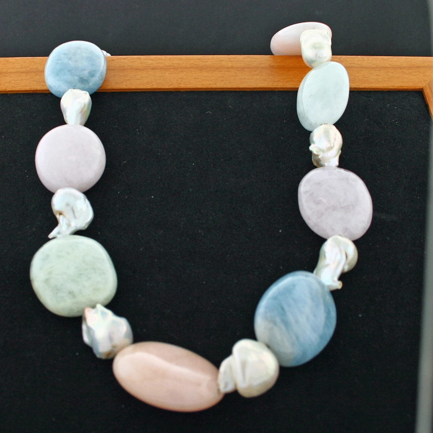 Aquamarin-Morganit-Biwaperl-Collier, 925/-Silber