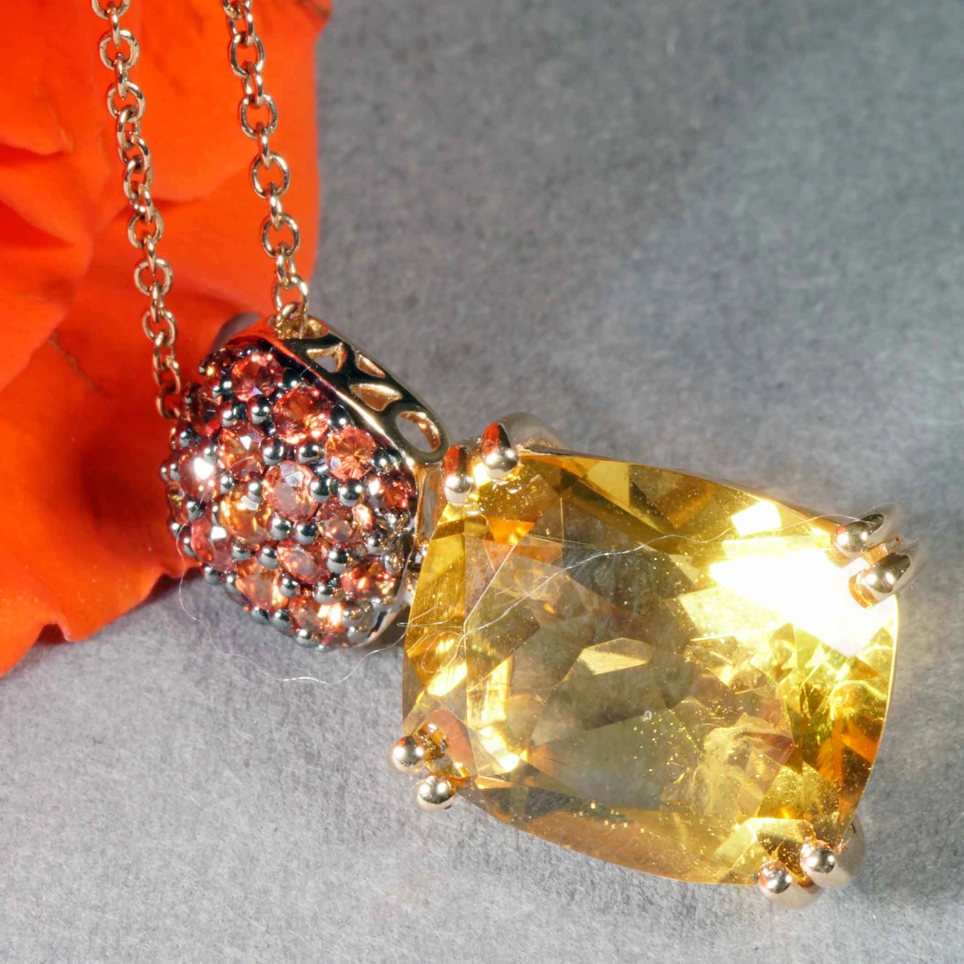 Yellow Citrin and orange Saphire Rosegold Necklace....stunning Kombination 