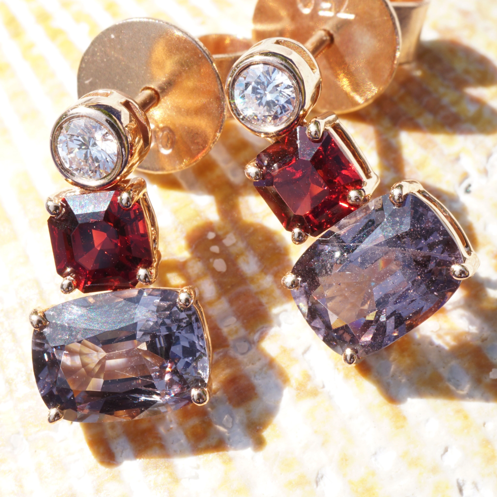 Spinel Diamond Earrings from Burma...Red and Grey-violet 18kt Rosegold