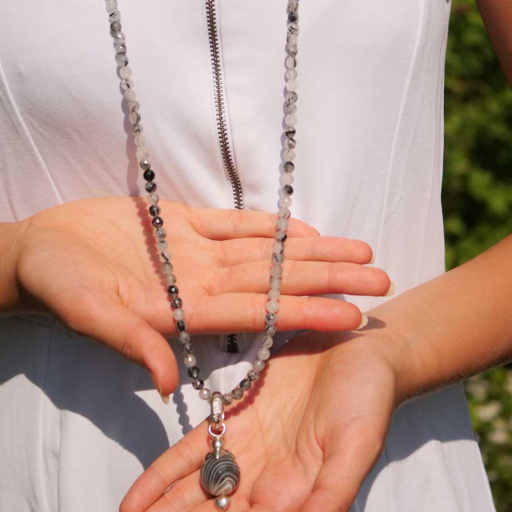 Chilango Rutilated Quartz Agate Necklace in 100 cm Length with Great Striped Agate Pendant 925 Silver