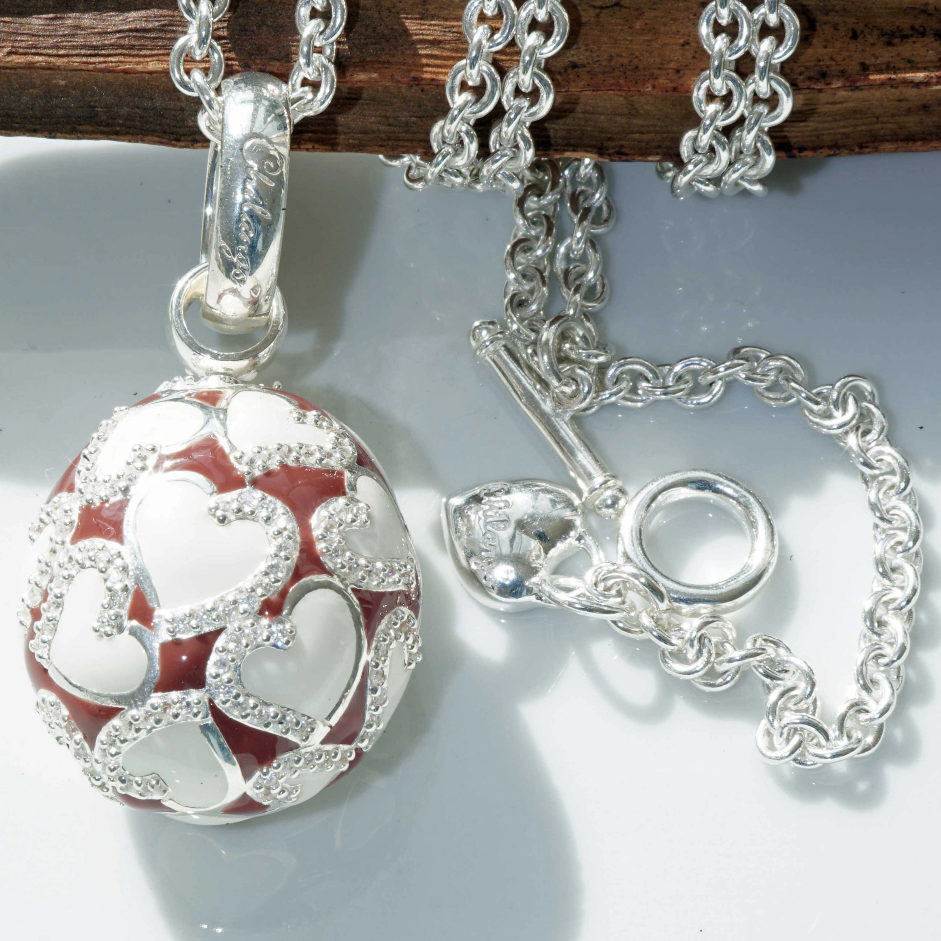 Chilango Pendant Faberge Style Heart red-brown 925 Silver Enamel