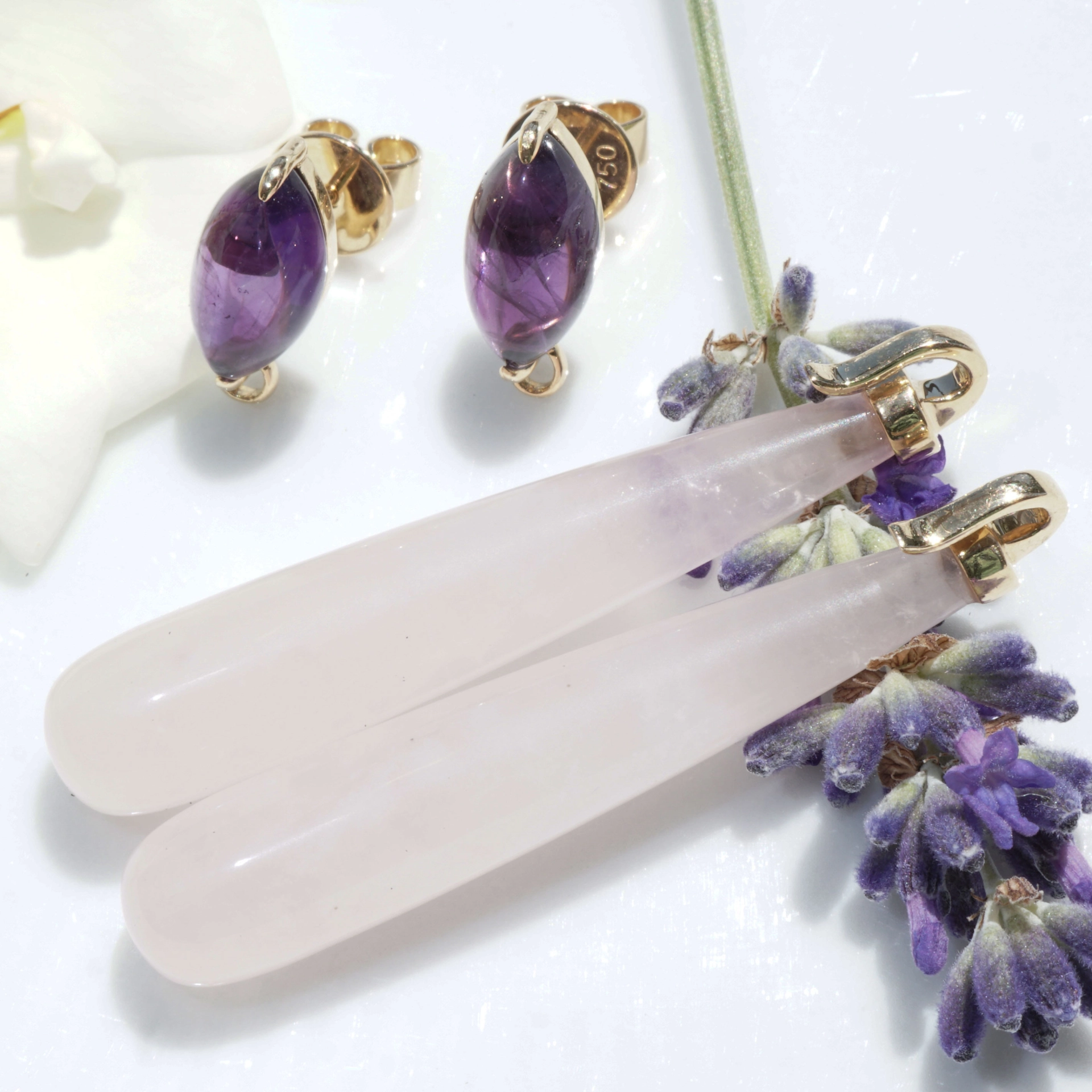 Rosequartz Amethyste Earrings 18 kt Yellowgold..pink Inspiration