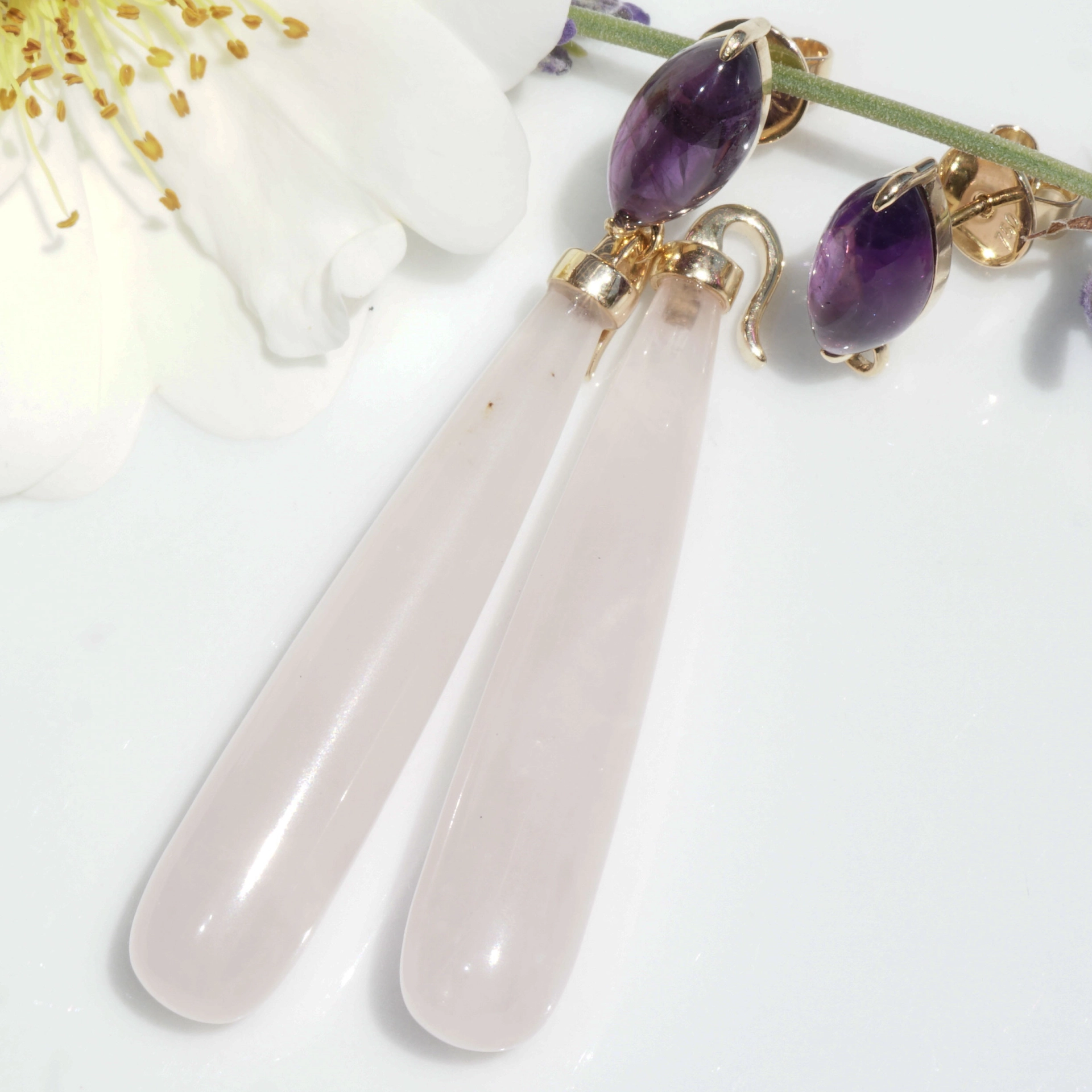 Rosequartz Amethyste Earrings 18 kt Yellowgold..pink Inspiration