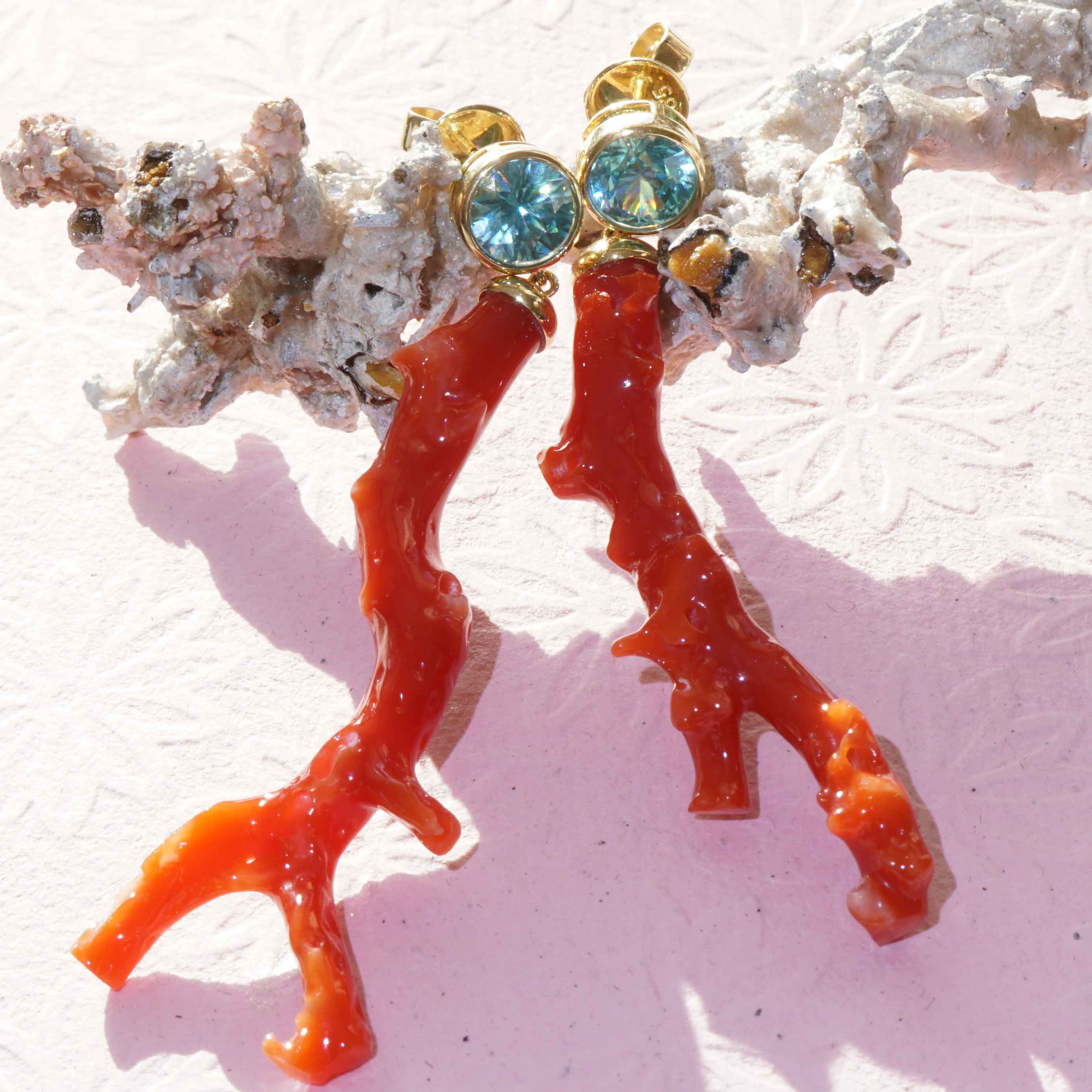 Coral Branch Blue Zircon Earrings 585 Yellow Gold... Immerse yourself in the world of the seas 2.35 ct 20 ct