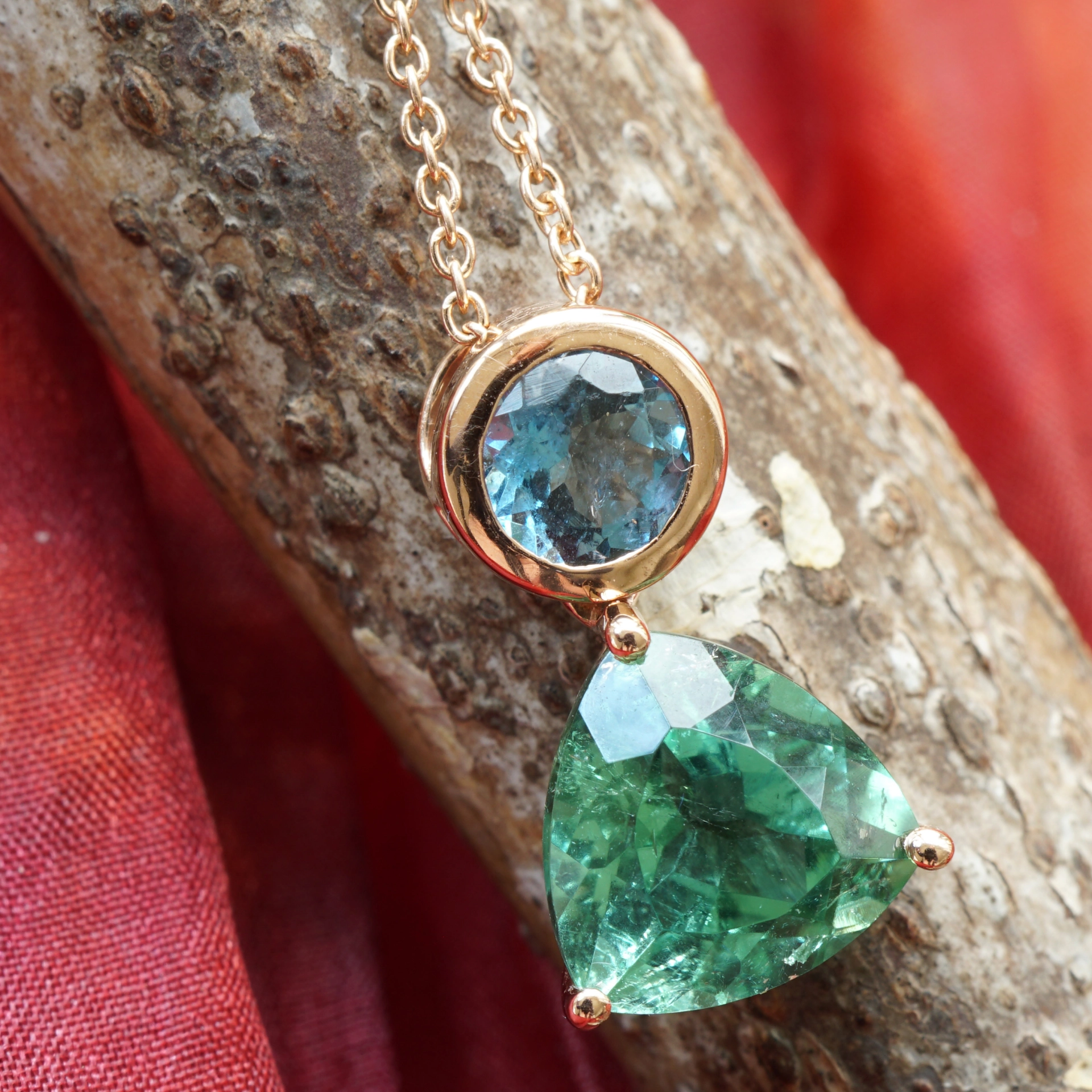 Turmalin Aquamarin Anhänger m. Kette 750er Rosegold 2.19 ct 0.36 ct AAA paraibafarben