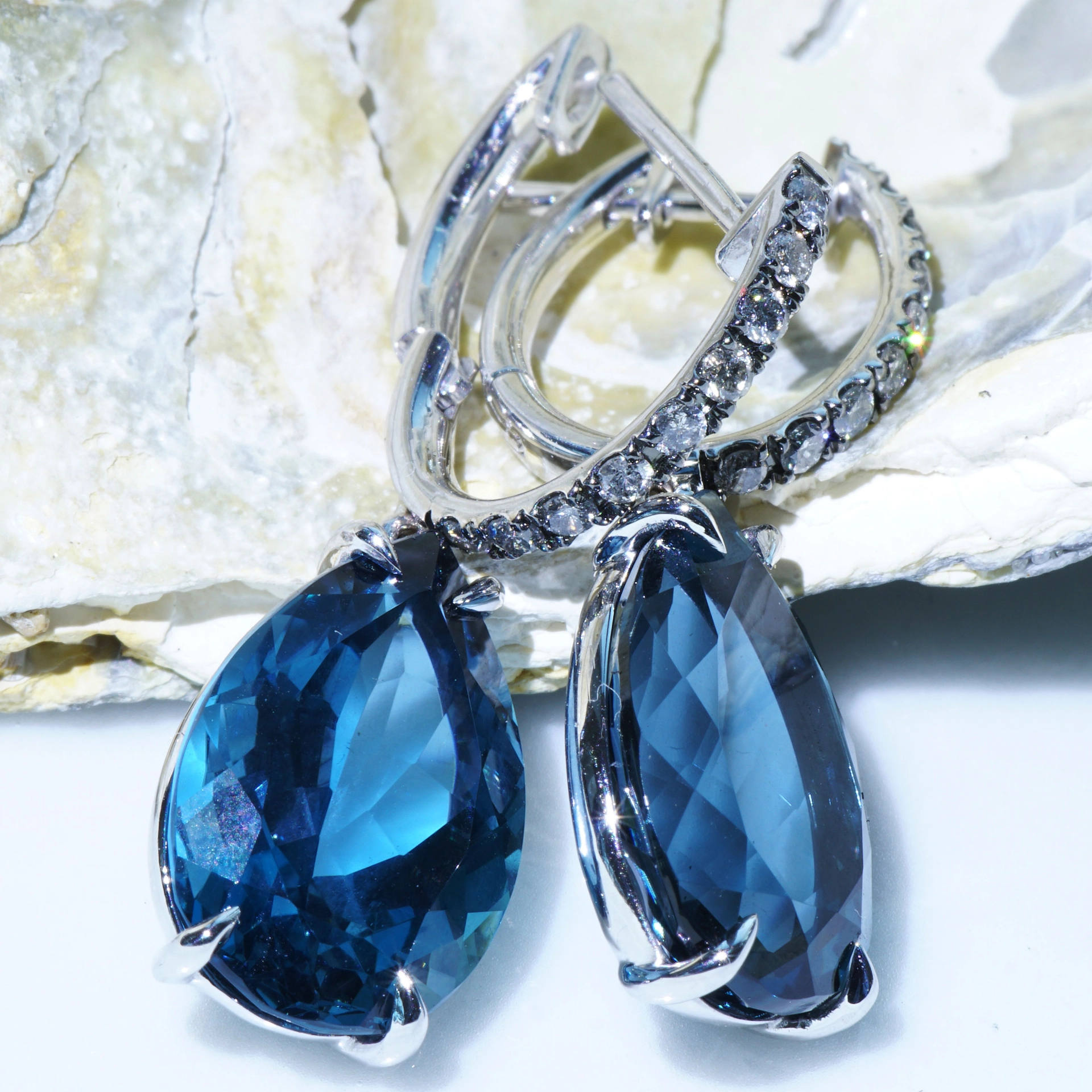 Blue and Grey Color Earrings made in a traditional Goldsmith's Factory in Valenza/Italy Bluetopaz and Diamonds 18kt Whitegold