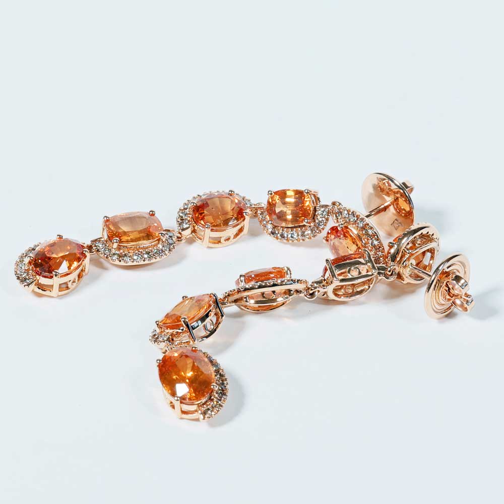Rare Mandarin Garnet Brilliant Chandelier Dangle Earrings 750 Rose Gold 14.85 ct 0.76 ct Exceptional Color Orange